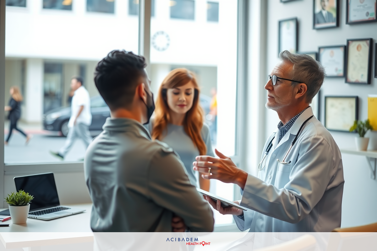 The image depicts a professional office setting where three individuals are engaged in a discussion. There is one person standing, all appearing to be involved in the conversation. The man standing is gesturing with his hands while talking, suggesting he is explaining or making points during the discussion.
