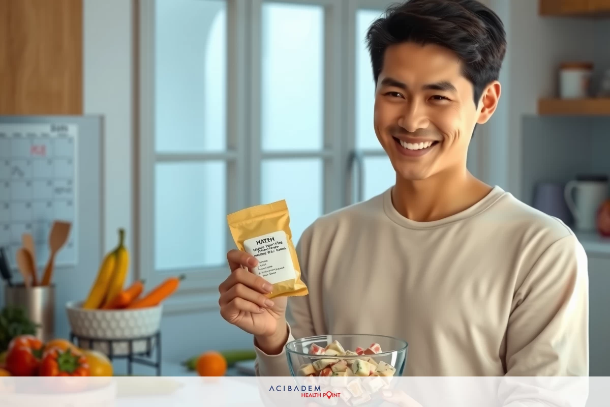 The image depicts a man in a kitchen, holding a package of what appears to be a nutritional supplement or snack. He is smiling and seems to be promoting the product. The kitchen has various items such as fruits and cooking utensils on the counter. The image depicts a man in a kitchen, holding a package of what appears to be a nutritional supplement or snack. He is smiling and seems to be promoting the product. The kitchen has various items such as fruits and cooking utensils on the counter.