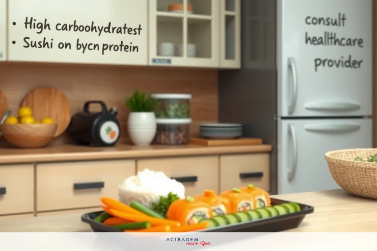 The image depicts a healthy meal preparation scene. There is a variety of food items including sushi and vegetables on the countertop. In the background, there's a refrigerator with health-related notes attached to it, suggesting a focus on nutrition and wellness. The image depicts a healthy meal preparation scene. There is a variety of food items including sushi and vegetables on the countertop. In the background, there's a refrigerator with health-related notes attached to it, suggesting a focus on nutrition and wellness.