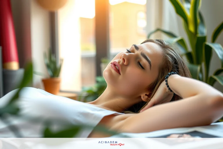 A young woman in a white tank top is lying comfortably. Her head rests gently on one hand and she appears to be enjoying a relaxing moment, perhaps during sunrise or sunset as the light from outside creates a warm atmosphere.