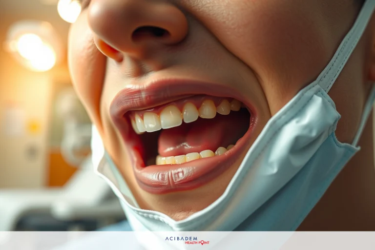 Why Do My Teeth Hurt After Nose Surgery? The image shows a person wearing a medical mask, who appears to be a patient. The individual is smiling widely with their mouth open, exposing teeth, in what seems to be an energetic and positive state.