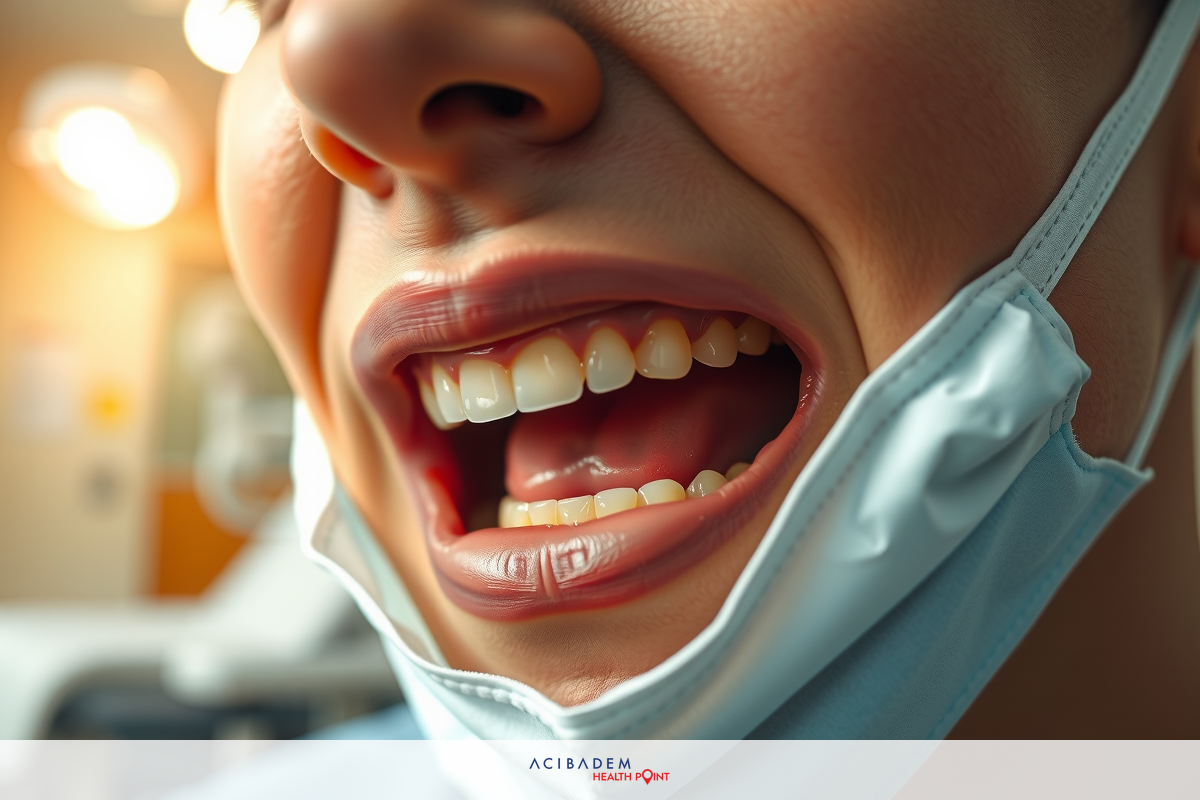 The image shows a person wearing a medical mask, who appears to be a patient. The individual is smiling widely with their mouth open, exposing teeth, in what seems to be an energetic and positive state.