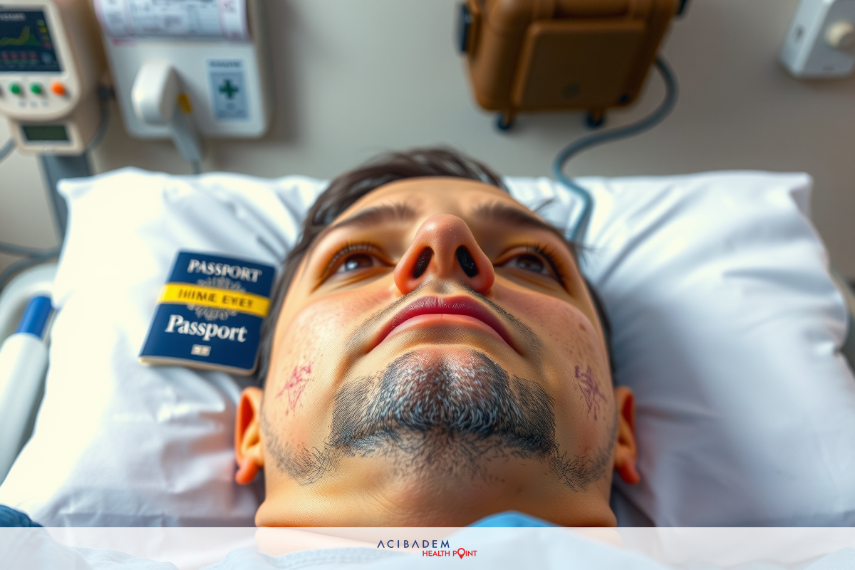 The image shows a person lying down in a hospital bed. The individual appears to be male and is wearing medical scrubs. Various pieces of medical equipment are visible around him, indicating that he might be undergoing treatment or monitoring.