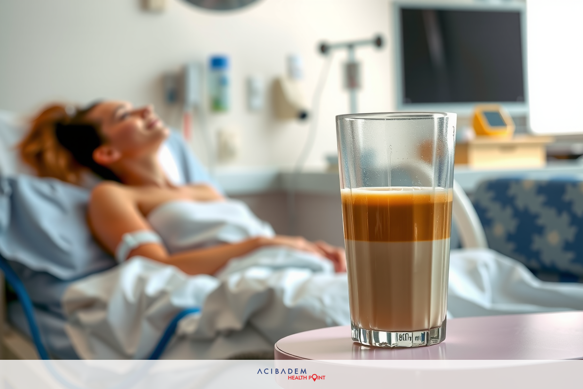 A woman in a hospital bed enjoys a coffee, as the clinical setting suggests she might be recovering or awaiting treatment. The medical environment contrasts with the comfort of her warm beverage.