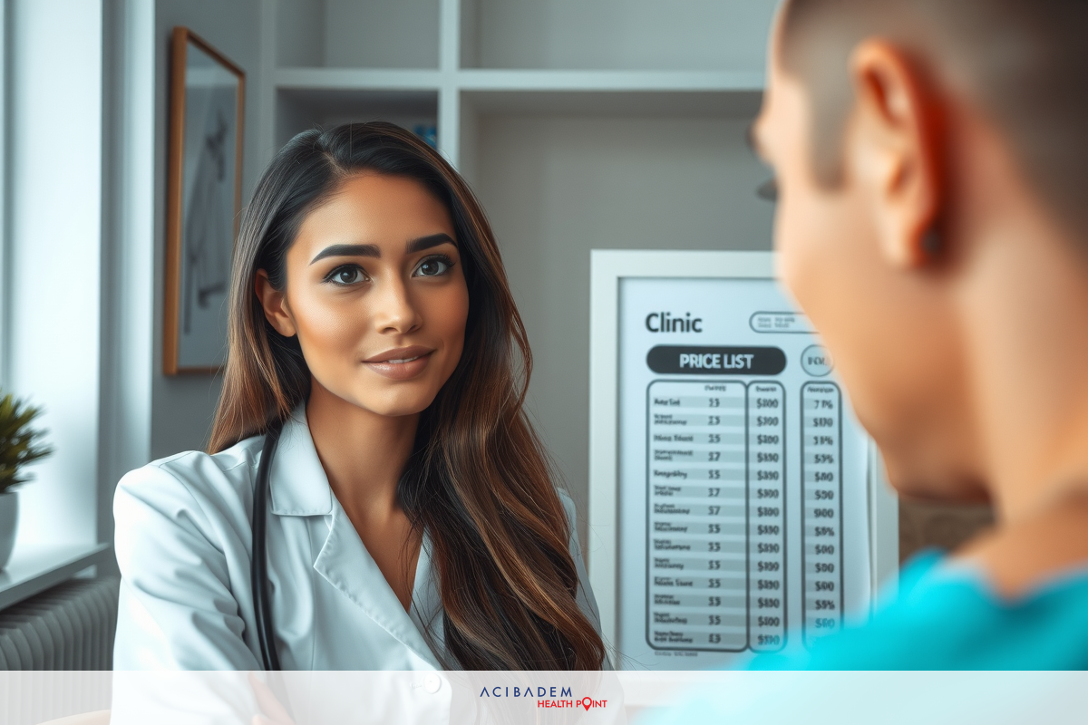 A young woman, presumably a doctor in a medical office environment, is wearing a white coat and appears to be listening to or interviewing a patient. The setting includes a receptionist's desk with a monitor displaying the word 'CLINIC' visible on the screen behind her.