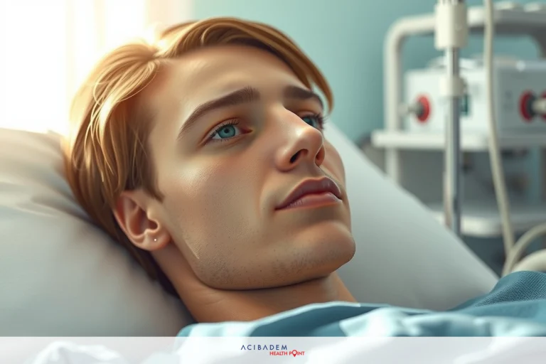 How Long Does Packing Stay In After Nose Surgery? The image depicts a young male lying in a hospital bed. He appears to be connected to medical equipment, possibly for monitoring or treatment purposes. The room is clinical and sterile, with white walls and bright lighting that suggests an indoor setting.