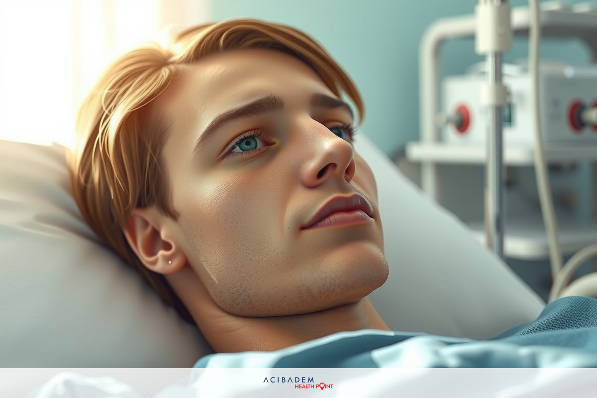 The image depicts a young male lying in a hospital bed. He appears to be connected to medical equipment, possibly for monitoring or treatment purposes. The room is clinical and sterile, with white walls and bright lighting that suggests an indoor setting.