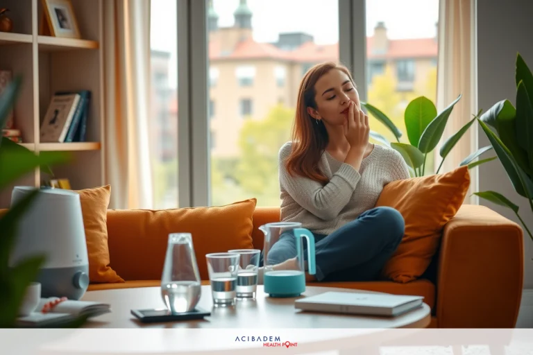 How to Unclog Your Nose After Deviated Septum Surgery In the image, a woman is seated on an orange couch in a well-lit room with large windows revealing an urban view. She holds her face and seems to be deep in thought.