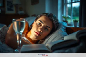 This is a photograph of a woman lying in bed, drinking from a glass of water. She has a contemplative expression on her face and appears to be reading a book.