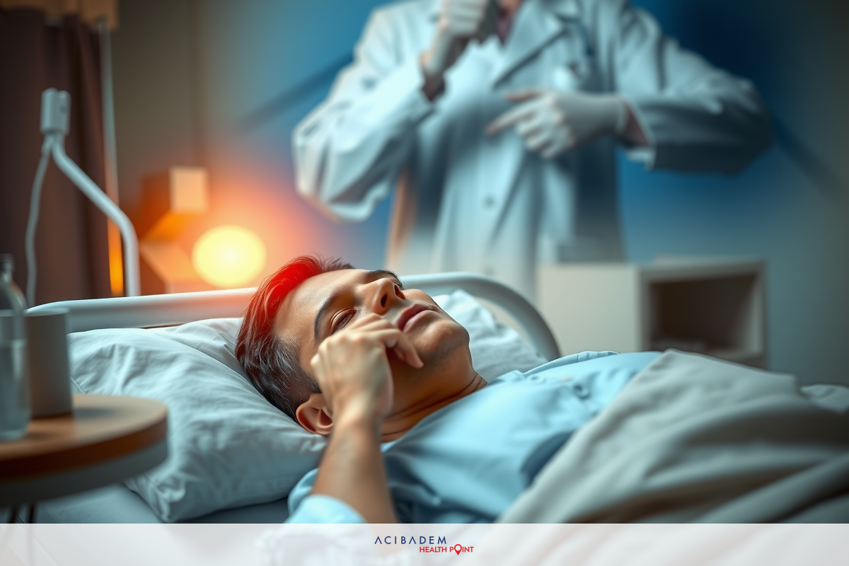 The image depicts a hospital scene with medical professionals attending to a patient. The patient is lying in a hospital bed with a blanket, and appears to be in distress or pain. A male doctor is standing at the foot of the bed, wearing a white coat.