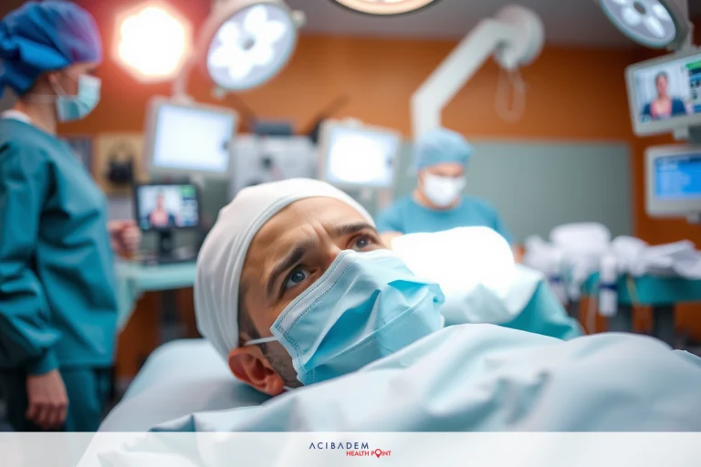 Can You Have a Nose Piercing During Surgery? A man is lying in a hospital bed being attended to by medical professionals. They are wearing scrubs and surgical masks, suggesting this is a serious medical situation or an operating room.