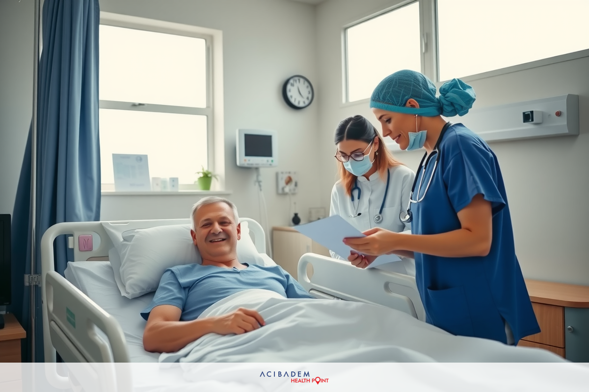 The image depicts a hospital room setting with medical staff attending to a patient. There are two doctors wearing scrubs, one of whom is handing papers to the other while leaning over the bed. The patient appears to be an elderly man, lying on his back in a hospital bed with monitors and medication dispensers by his side.