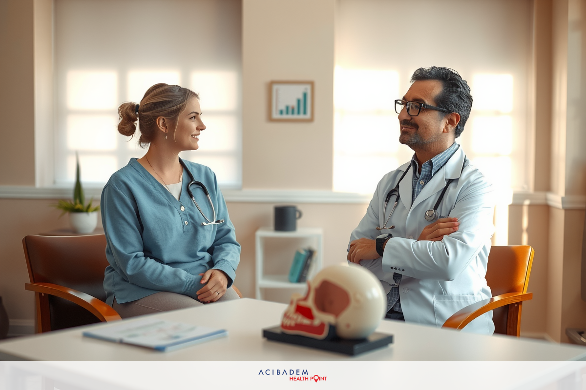 Medical professionals in clinical setting, examining patient records on table. Woman wears scrubs; man has glasses and a stethoscope.