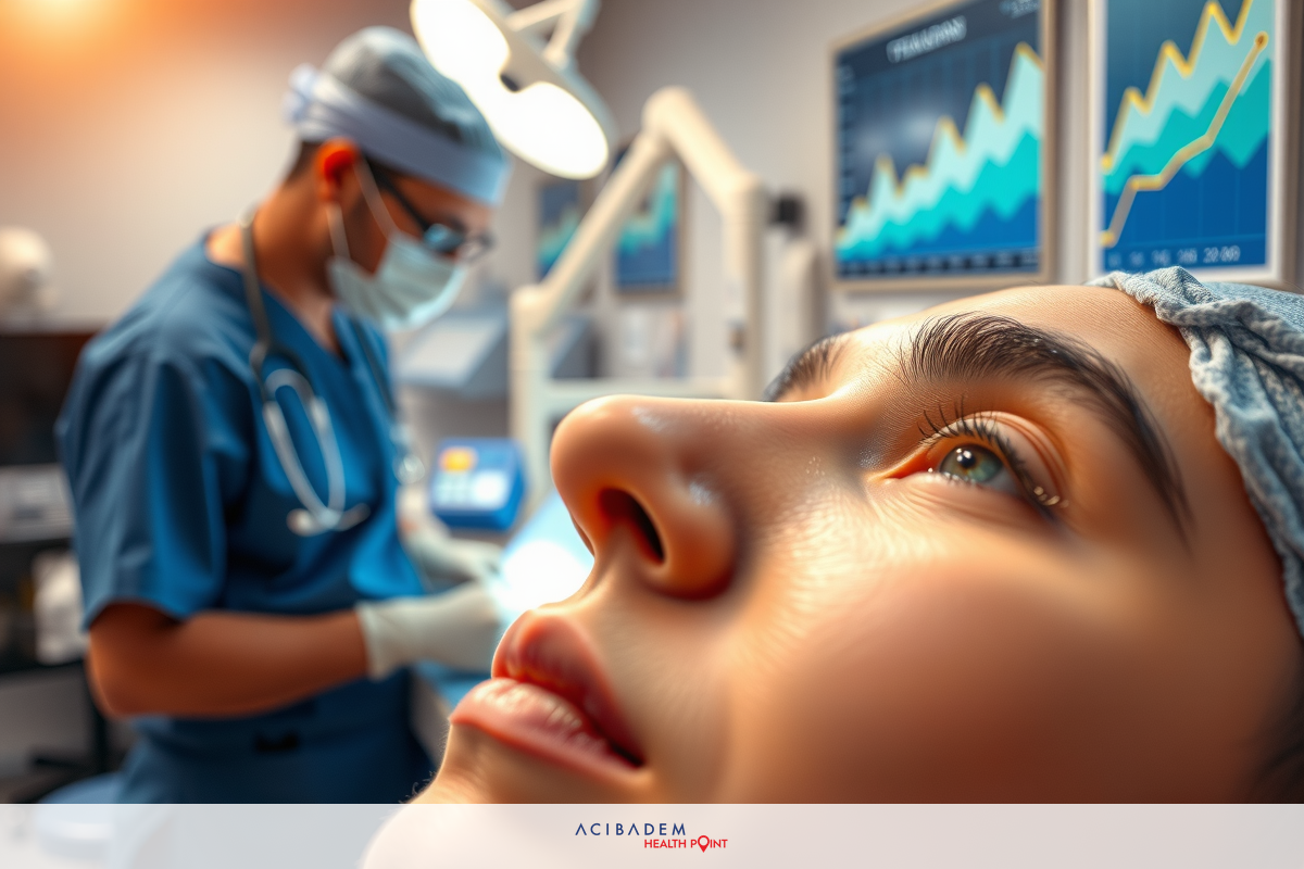 The image shows a medical setting where a medical professional are performing a procedure on a patient. The surgeon, wearing a surgical cap and mask, is seated at the patient's head with instruments in hand, indicating that they are conducting surgery or an invasive medical procedure.