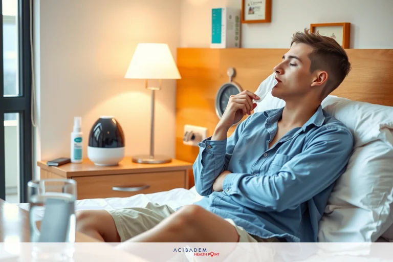 The image shows a young man sitting on the edge of a bed with he blow his nose. He appears to be in a hotel room, suggested by the presence of nightstand lamps.