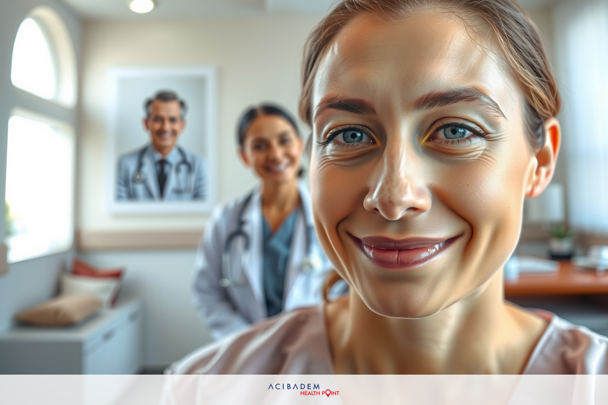 A woman's face reflected in a mirror, looking towards the camera with a slight smile. In the background, another person appears to be seated and wearing medical attire. The scene suggests a professional or healthcare setting, likely an office or examination room.