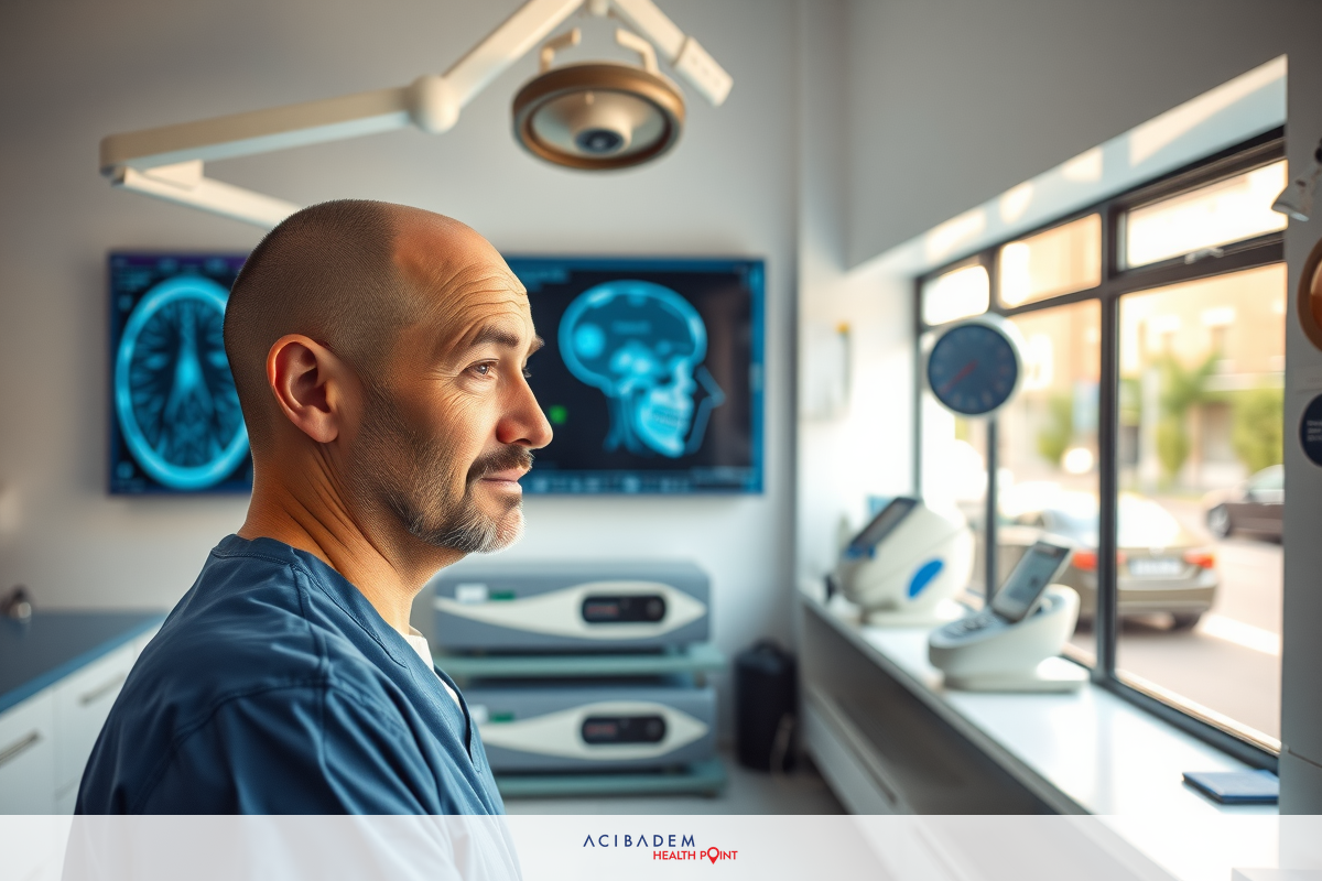 The image shows an adult male doctor standing in a modern medical imaging room. He is wearing a surgical gown and appears to be focused on the patient's brain scan displayed on the large screen above him.