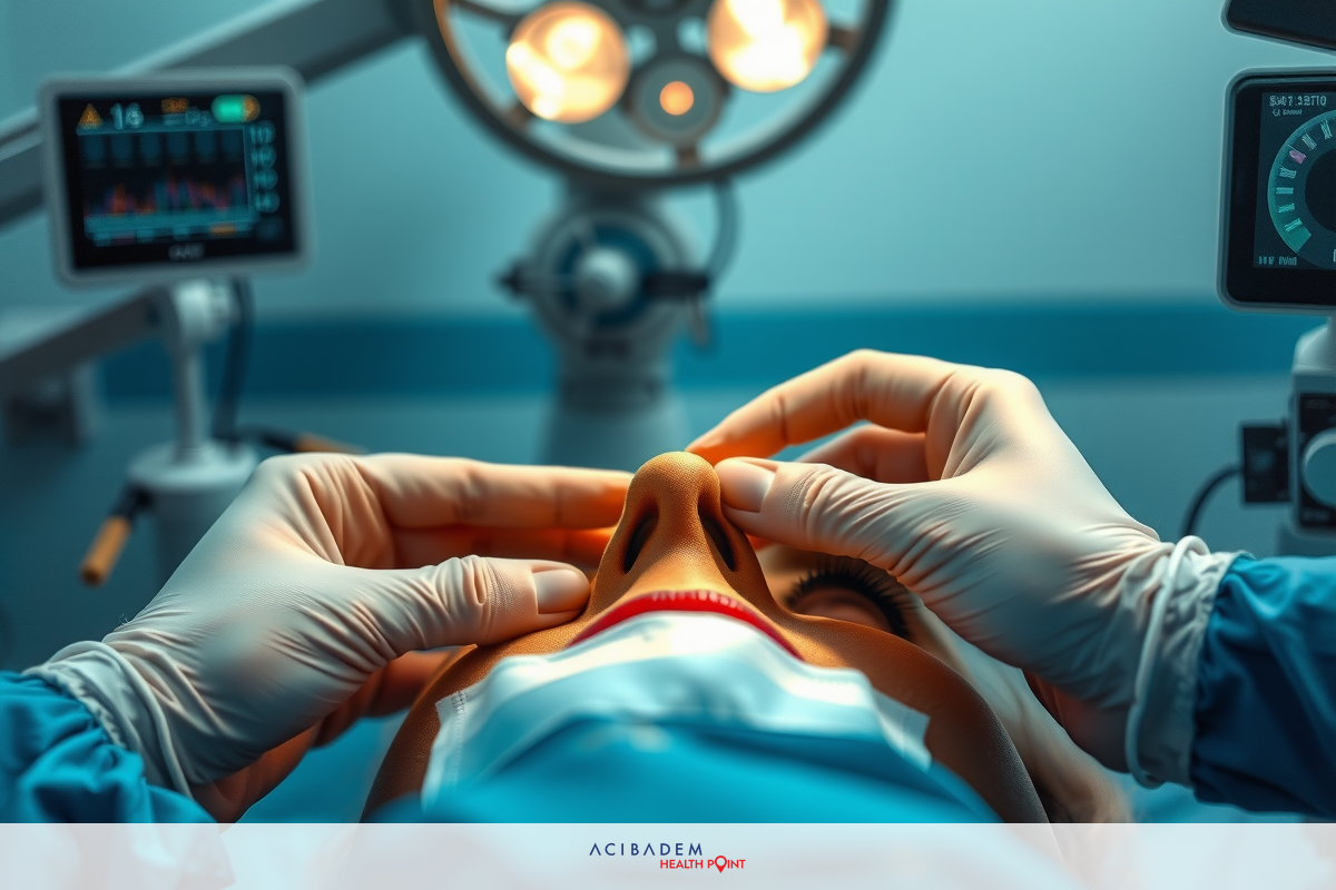 The image shows a medical setting where surgical procedures are performed. A person wearing blue scrubs and gloves is performing facial surgery on another individual.