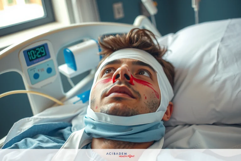 Is Fractured Nose Surgery Outpatient? The image shows a man lying in a hospital bed. He appears to be under medical care, possibly experiencing some distress or discomfort. His facial expression suggests he is struggling to breathe or feeling pain.