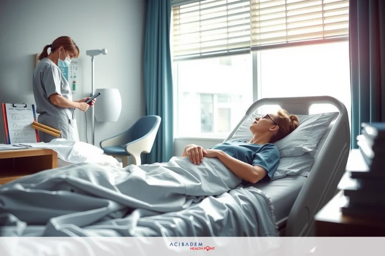 The image shows a hospital room with an adult female patient lying in bed. She is covered with blankets and appears to be sleeping or resting. Another woman, likely a nurse due to her attire, is standing beside the bed. The woman's posture suggests she may be checking on the patient.