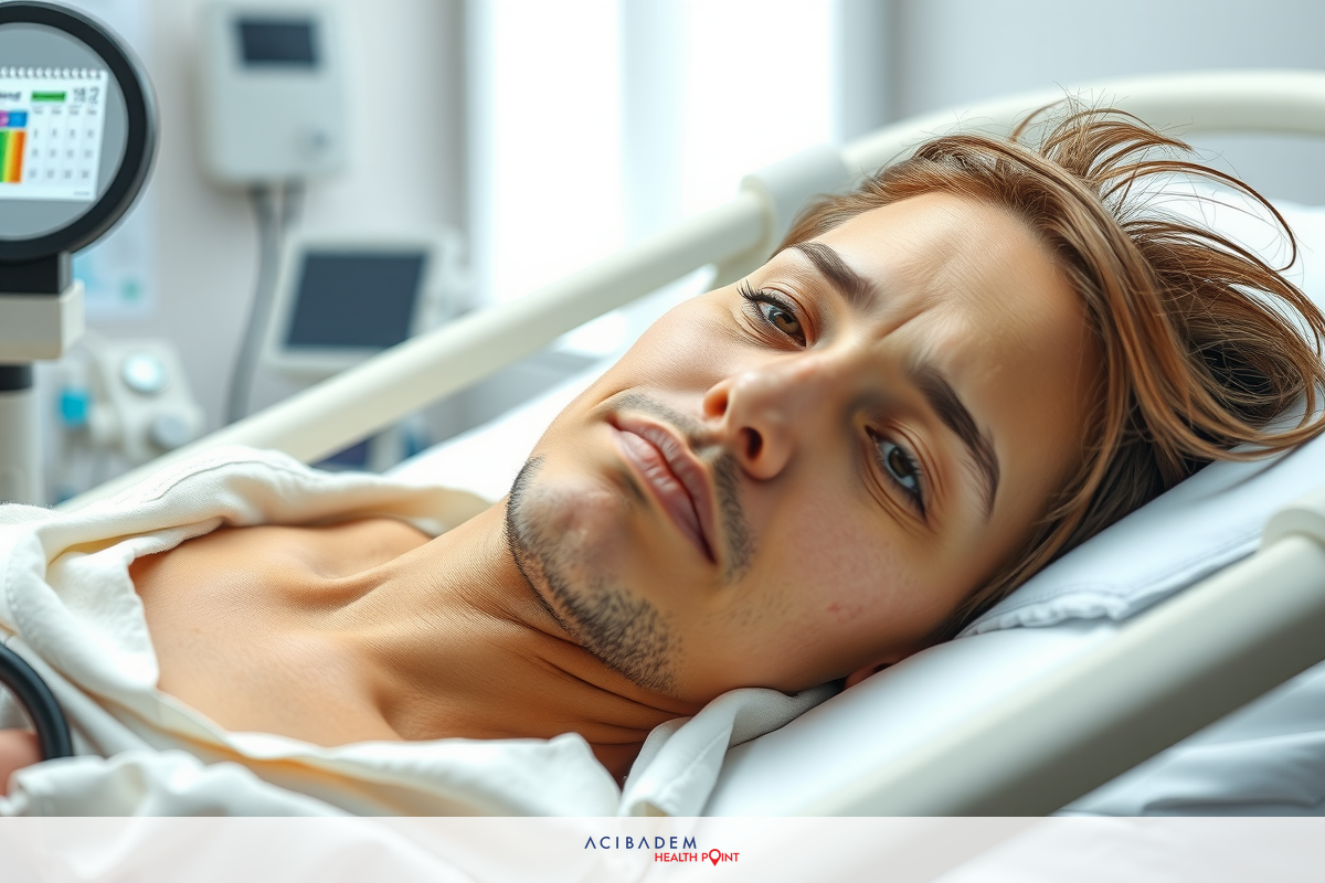 The image shows a person lying in a hospital bed, connected to medical monitoring equipment. The individual appears relaxed with eyes closed and is dressed in a white hospital gown.