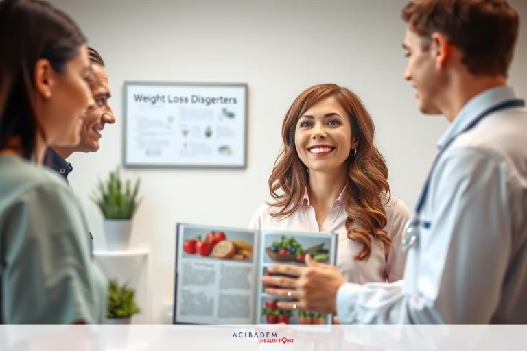 In the image, we see a professional setting where two medical professionals are engaged in discussion with a patient. The patient is standing and smiling while holding a booklet or brochure that appears to be about nutrition or diet advice.