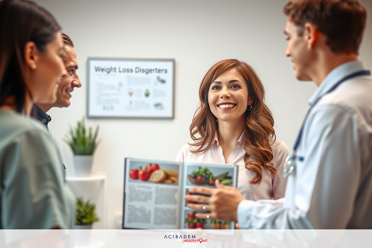 In the image, we see a professional setting where two medical professionals are engaged in discussion with a patient. The patient is standing and smiling while holding a booklet or brochure that appears to be about nutrition or diet advice.