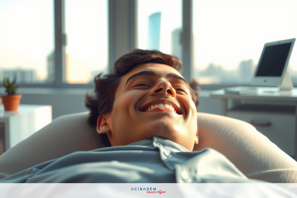 Smiling man relaxing with eyes closed, in a modern office setting. He's in a zero gravity chair, which suggests stress reduction or wellness-promoting environment.