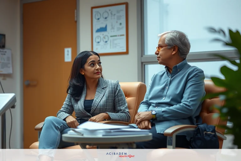 The image depicts an indoor setting where a man and woman are seated, engaged in conversation. The man is wearing glasses and appears to be of senior age, while the woman has dark hair and is dressed professionally. They are seated on a couch in what seems to be an office environment with light wood flooring and modern decor.