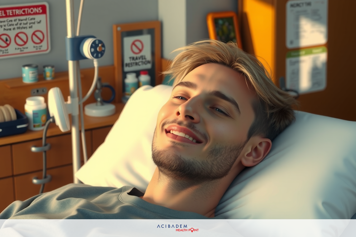 The image shows a young man with light hair, lying in a hospital bed. He appears to be smiling or laughing. The environment suggests a healthcare setting with medical equipment and signs on the wall.