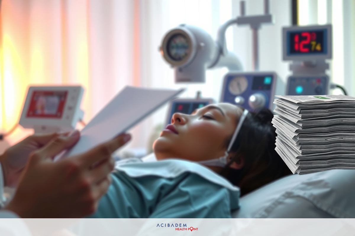 The image shows a hospital scene where a medical professional is holding papers. In the foreground, there's a patient lying on a bed with various medical equipment around. The doctor seems to be discussing or showing the papers to the patient.