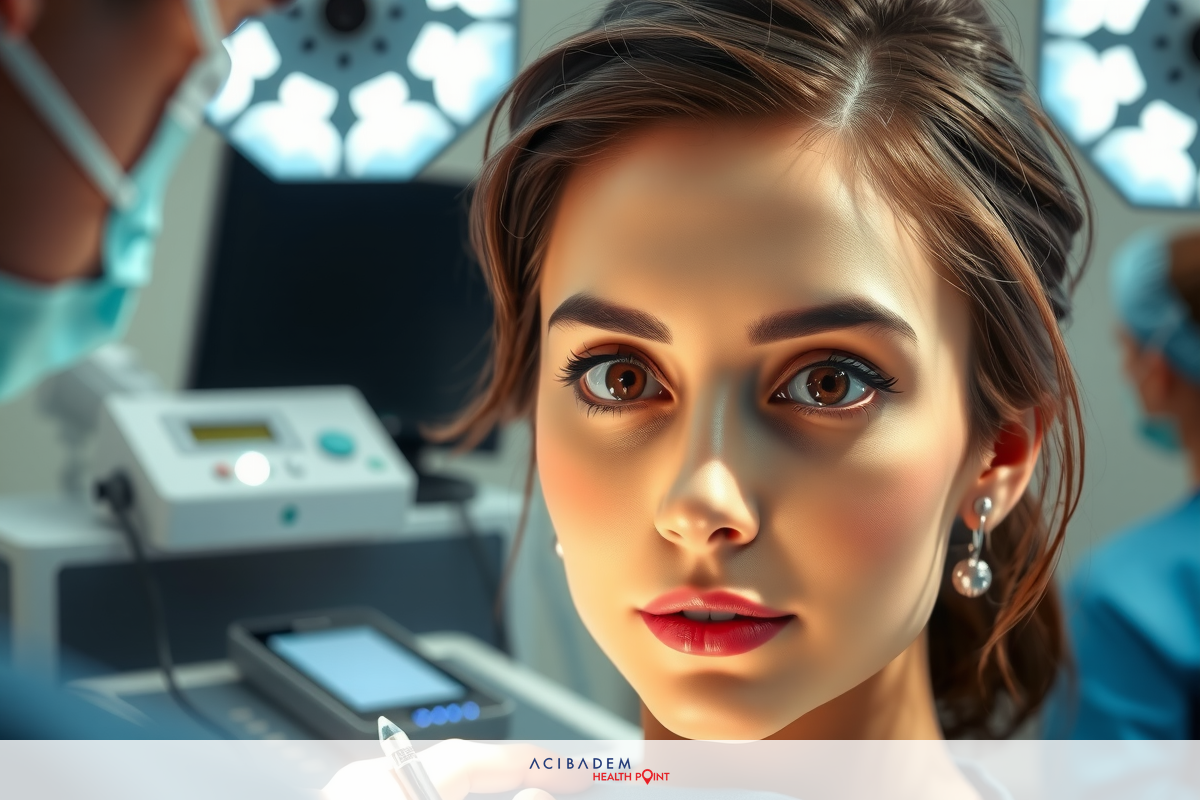 The image shows a woman in what appears to be a medical setting, likely an operating room. She is focused and perhaps awaiting further instructions from medical staff who are not visible. The color palette is muted with the dominance of greys and whites typical of sterile environments.