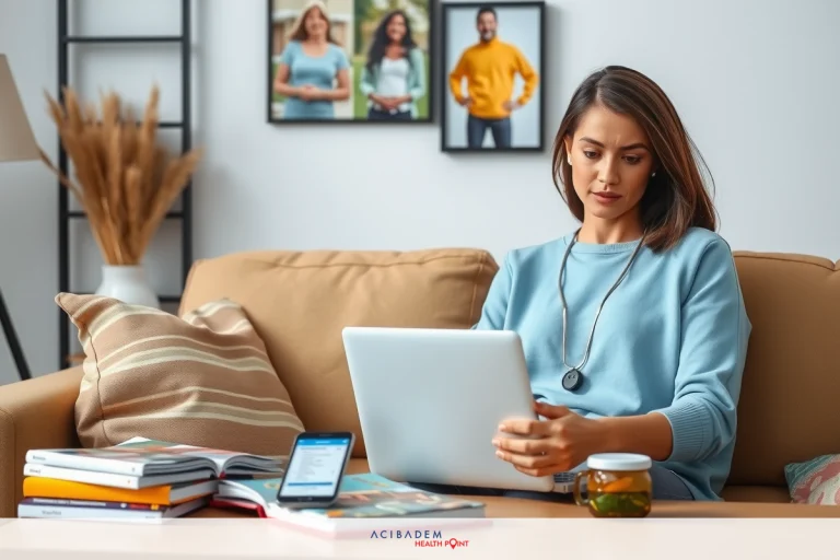 Does HMSA Cover Bariatric Surgery? A woman sitting on a couch using a laptop, surrounded by books and photos. She is wearing a light blue sweater and appears focused on her work.