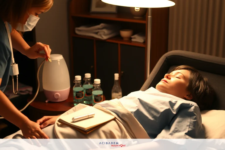 The image shows a medical setting where a healthcare professional, wearing protective gear including a face mask and gloves, is attending to a patient lying on a hospital bed. The patient's abdomen appears to be the focus of attention as the healthcare professional uses a handheld device, possibly for monitoring or treatment purposes.