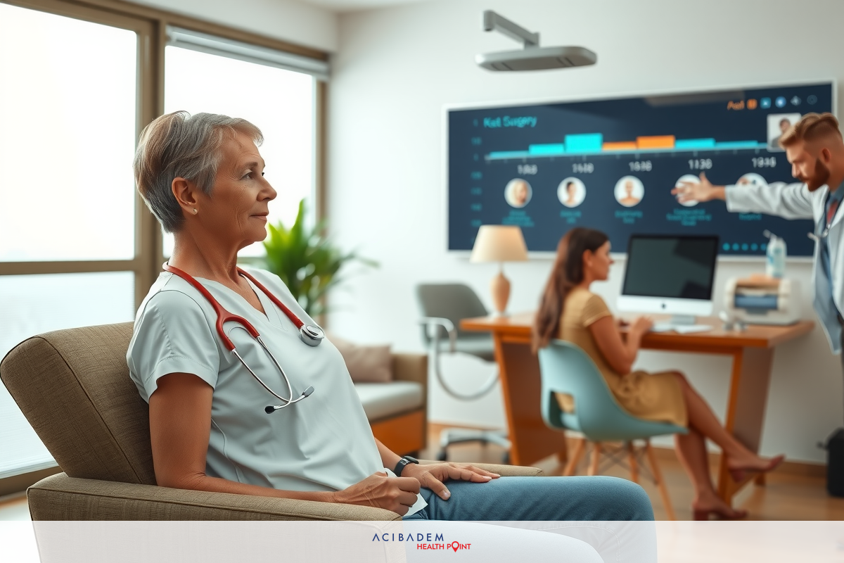 This image depicts a modern, clean medical office environment. A female doctor in professional attire is seated and appears to be receiving information or instructions from another individual who might be a colleague or a patient, given the context of healthcare discussion.
