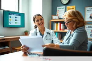 A young female physician in a white lab coat is sitting at a desk with an older woman. They are both looking at papers, possibly discussing medical records or treatment plans.