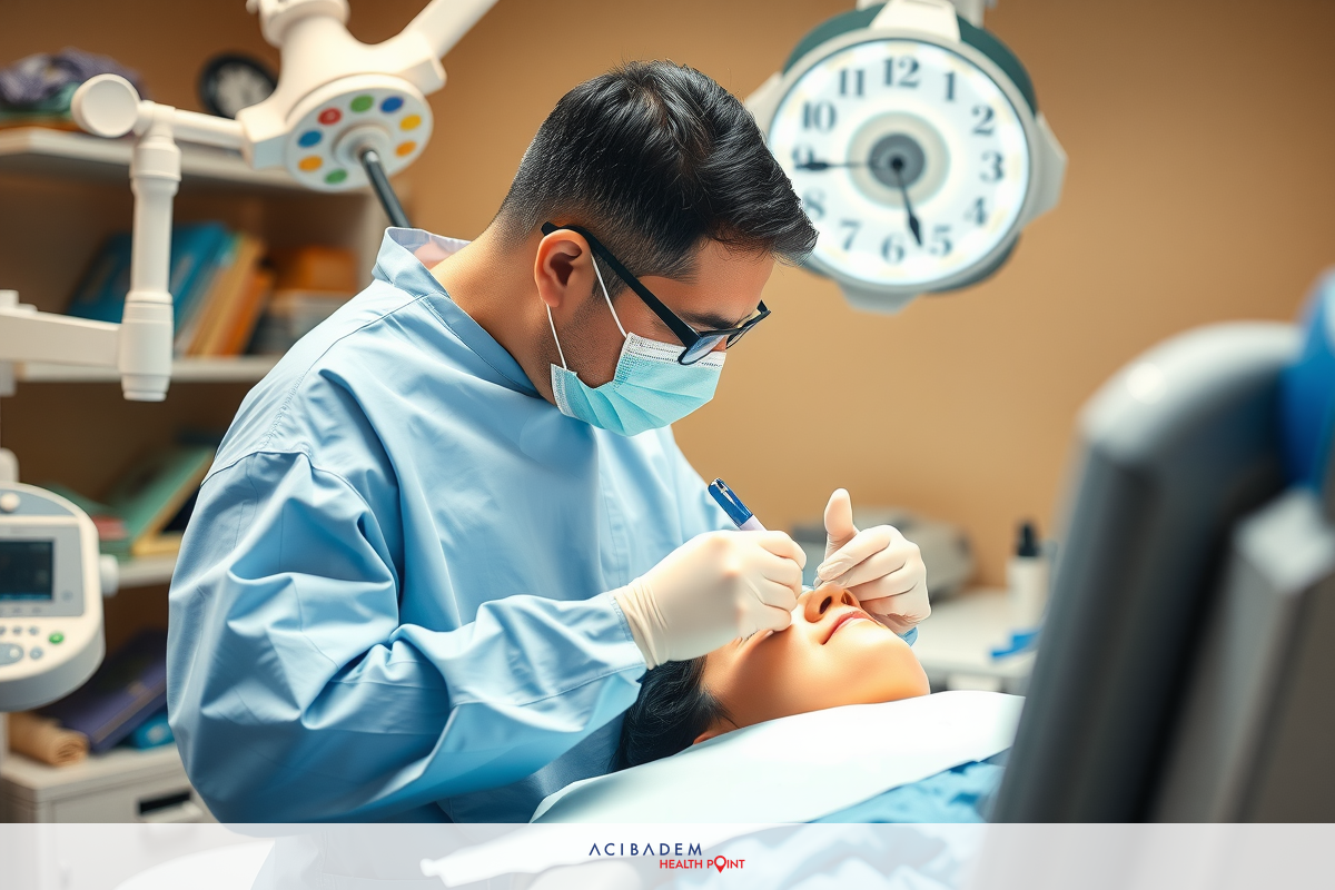 A plastic surgeon wearing surgical gear is performing a procedure on a patient. The environment is clean and sterile with medical equipment visible around the area.