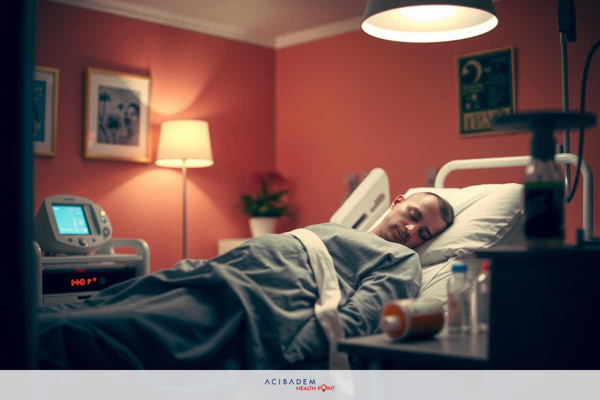 A hospital room scene with a male patient lying on a bed, connected to medical equipment.