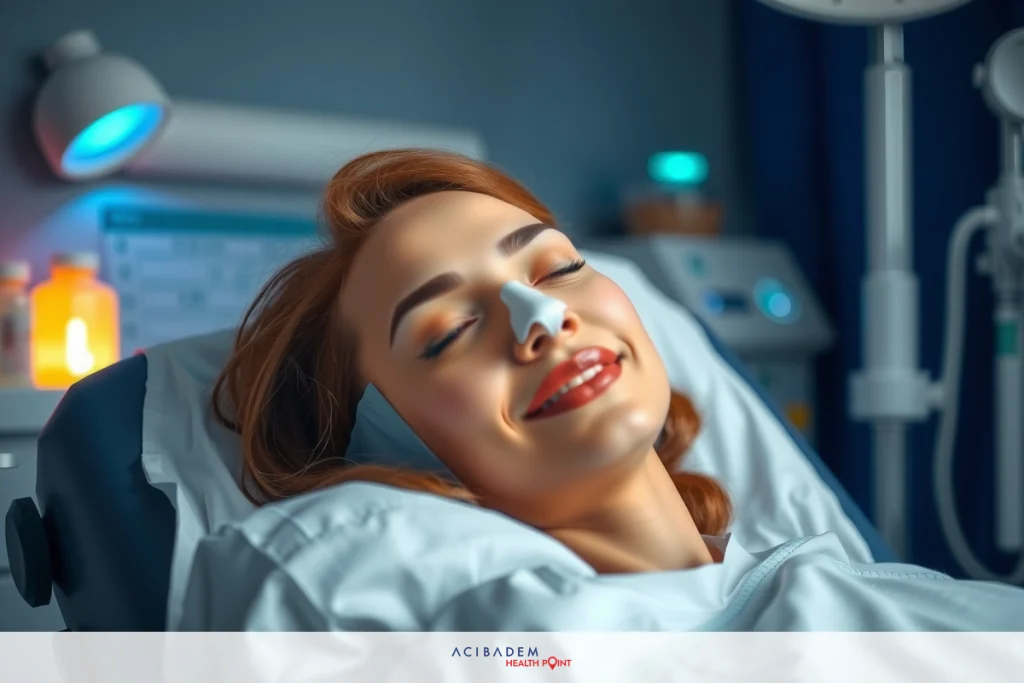 Is Nose Plastic Surgery Painful? The image features a woman lying in a hospital bed, smiling. She appears to be in recovery or feeling better after being ill or undergoing medical treatment. Her eyes are closed, and her expression is peaceful.