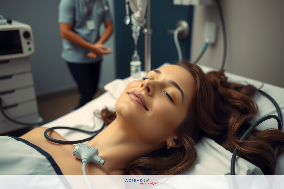 Two people in a hospital setting. A patient lying on a bed with medical equipment. The nurse standing over the patient, interacting with her, suggesting care and attention being provided.