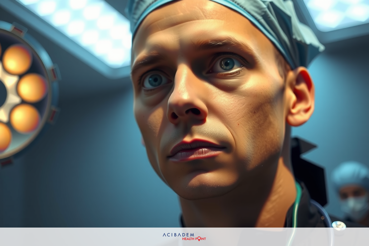 The image shows a man wearing surgical scrubs and a headlamp, standing in an operating room. He appears to be a patient due to the context of the setting.