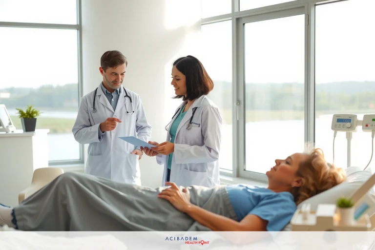 Three medical professionals in a well-lit hospital room, examining and discussing the health of a overweight woman who is lying on a hospital bed. The room has large windows providing natural light, emphasizing the professional environment.