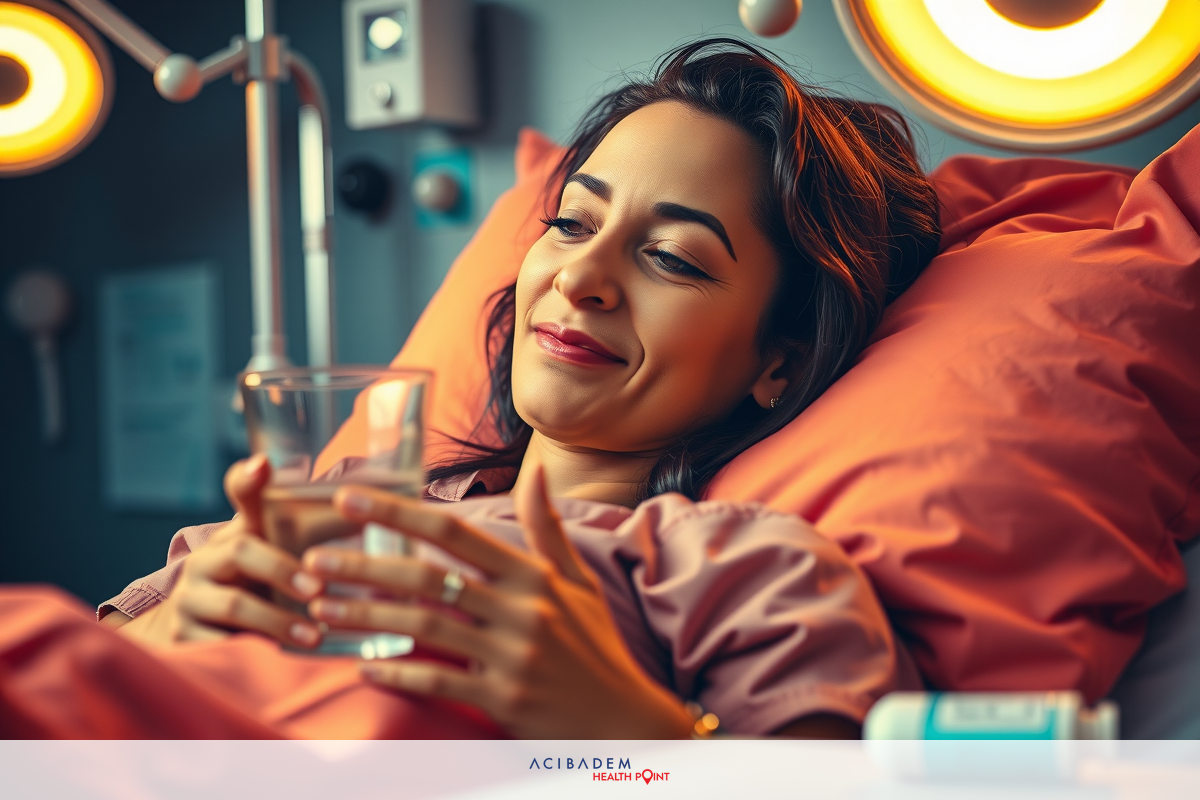 A woman in a hospital bed holding a glass of water, smiling at the camera. The room has medical equipment and is lit by overhead lamps.