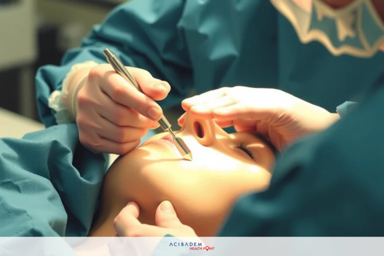 An image of a medical procedure taking place inside an operating room. A surgeon is performing a surgical procedure on the neck area of a patient, who is covered with sterile drapes.