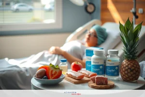 The image shows a person lying in a hospital bed, surrounded by various items. There are medical supplies like syringes and medication bottles on the table next to the bed. There's also a bowl containing fruits such as strawberry and pineapple.