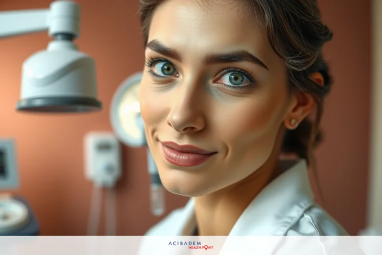 A woman sitting at a medical examination table with her head tilted back, wearing a white coat. She has a calm and professional expression.