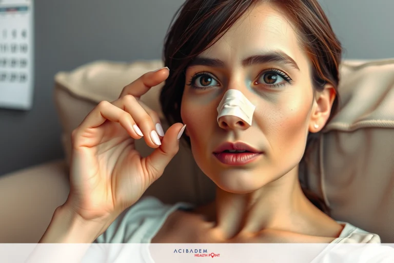 How to Get Nose Surgery A woman with a bandage on her nose, applying ointment to it while sitting comfortably on a couch. The focus is on her facial expression and the act of healing.