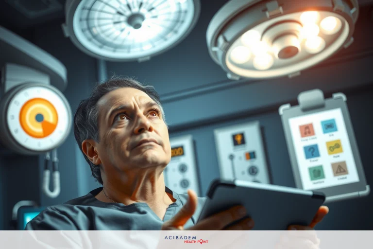 Image of a male surgeon in an operating room. He is seated at the table with surgical instruments and a lit overhead lighting. He holds a pen and a tablet computer, focusing on something intently.