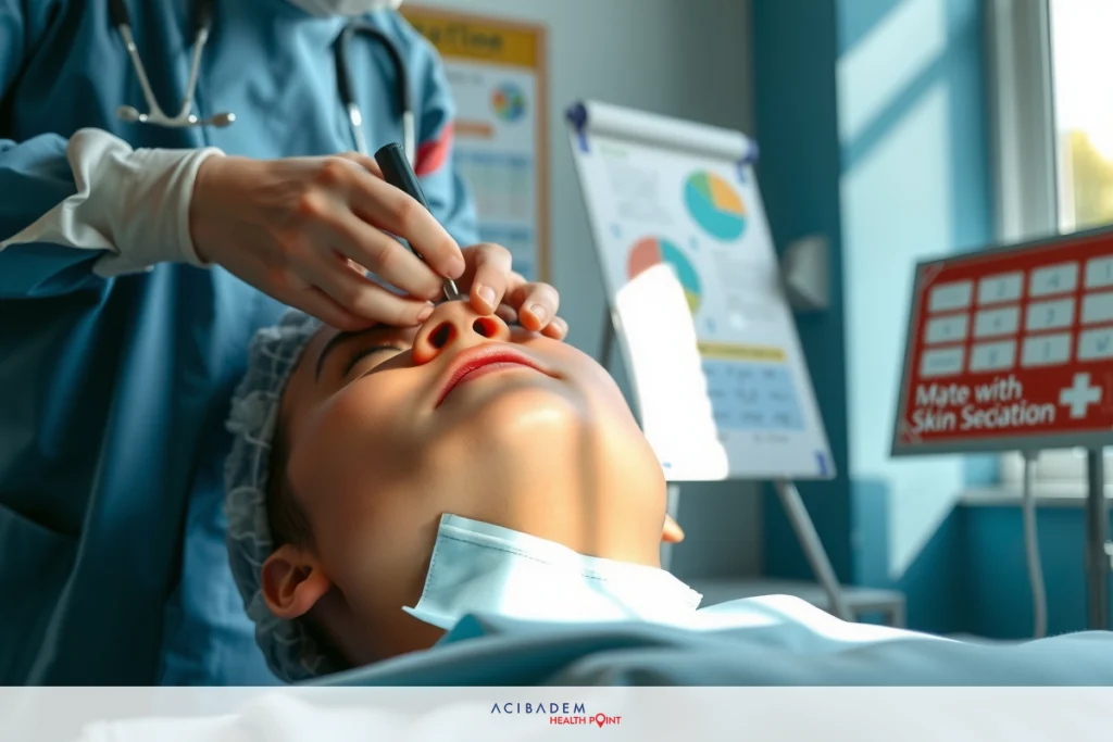What to Expect After Mohs Surgery on the Nose A medical professional in a sterile environment, wearing surgical attire, performing an examination or treatment on a patient who is lying down on an operating table. The focus of the image is on the interaction between the medical professional and the patient.