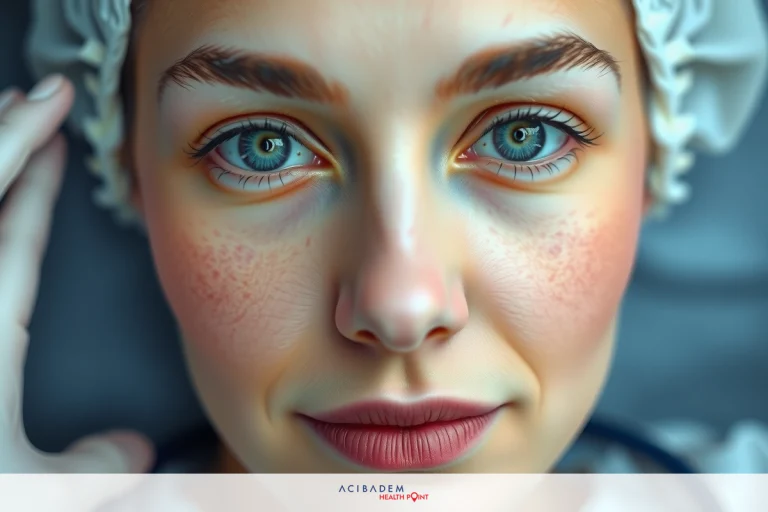 The image features a woman lying down, likely in a clinical or medical setting. She is wearing surgical attire with a mask covering her mouth and nose. Her eyes are open, looking directly at the viewer.